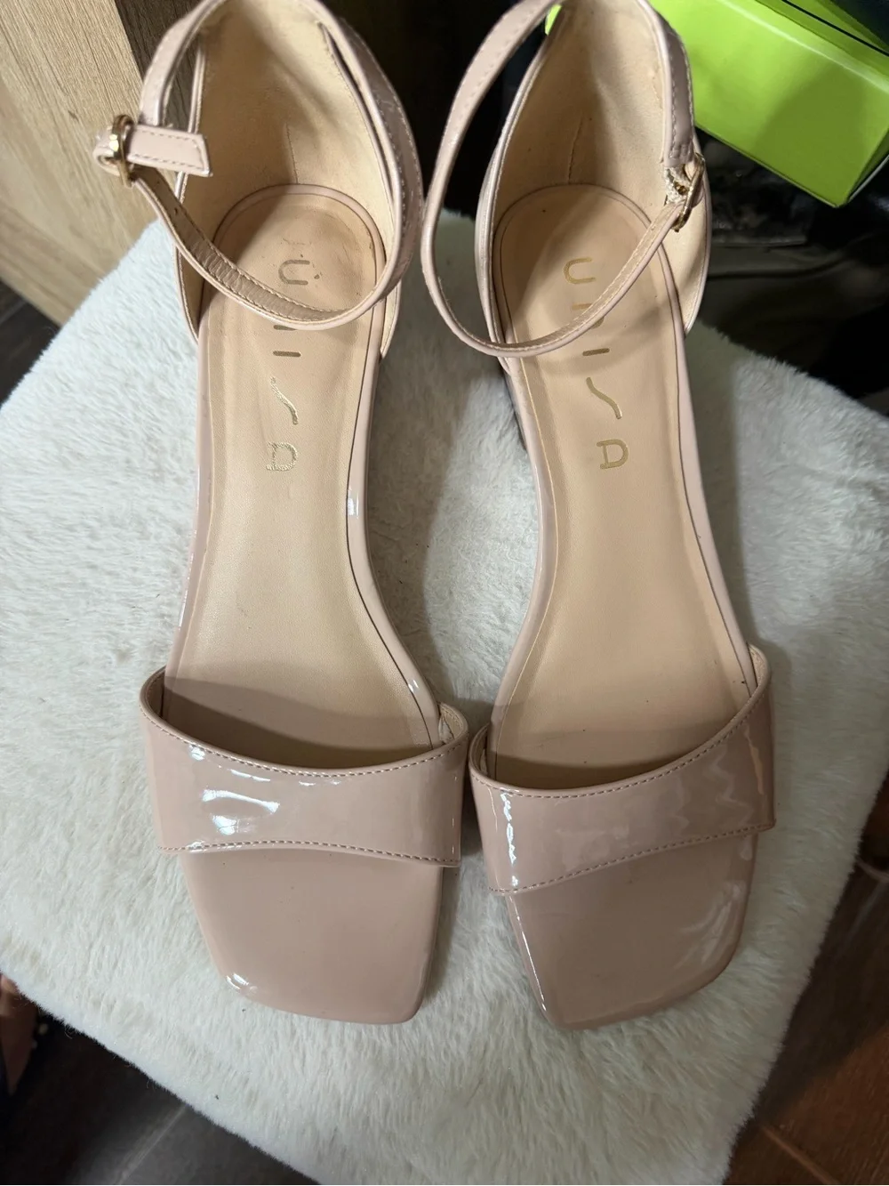 Unisa Beige Patent Ankle Strap Wedge Sandal